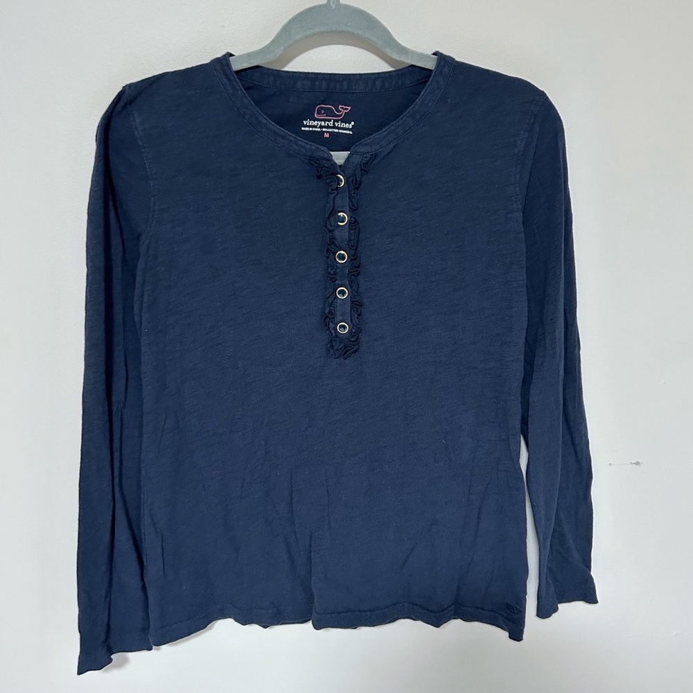 Vineyard Vines Long Sleeve Shirt Navy Blue Ruffles Buttons Women’s Medium Top